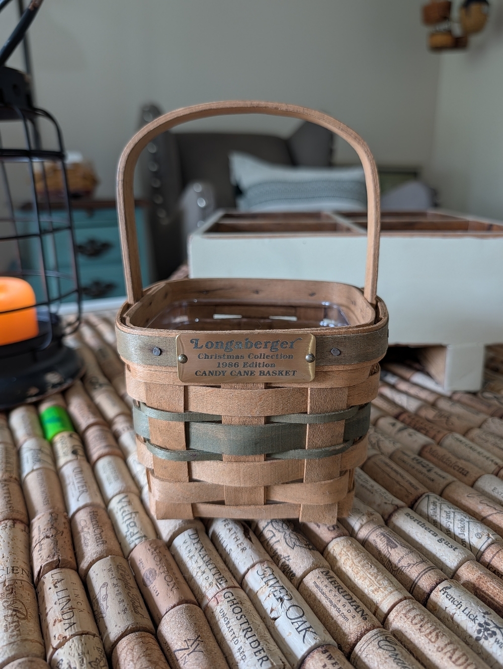 Longaberger 1986 Green Candy Cane Basket With Protector